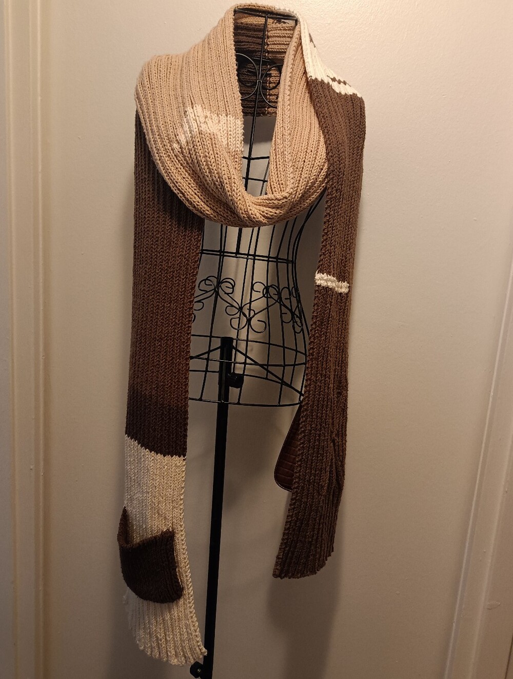 Men's/Women's Colorblock Rib Knit Scarf - Brown, Tan & Cream with a Patch Pocket